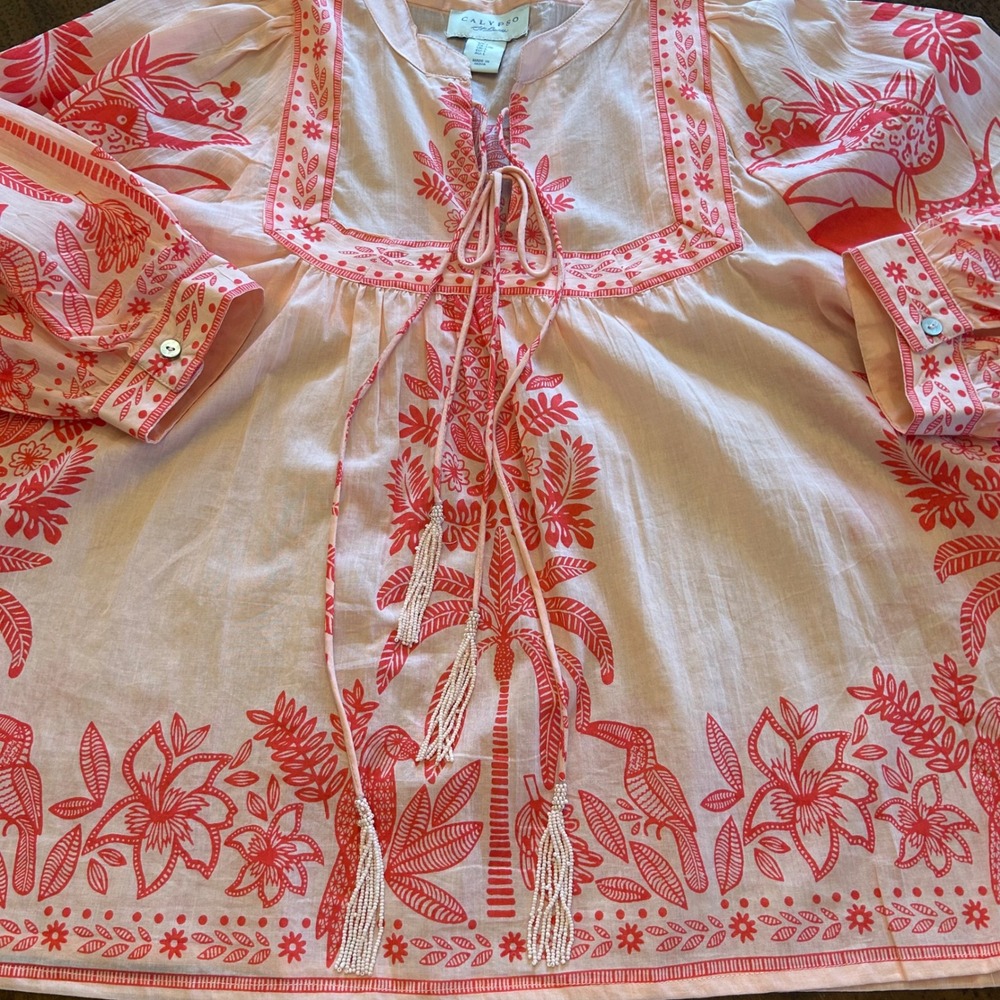Calypso St Barth Tropical Peasant Top Blouse Pink Size L Beaded Tassels - Picture 13 of 16
